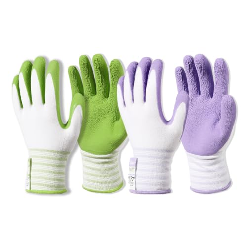 Gardening Gloves, Bamboo Fiber, Touch, Breathable, Rubber Coated, Green & Purple, S to XL - size: Large