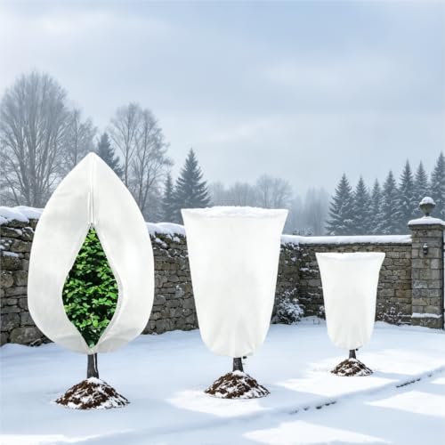 8 Pack 3 Sizes Plant Covers Freeze Protection w Zipper & Drawstring, White - color: White
