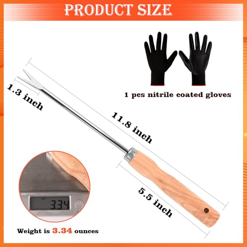 Wooden Handle Dandelion Weeder Tool - Polished Stainless Steel Dual - Forked Head Dandelion Weeder Puller Tool for Planting, Weeding, Flower & Vegetable Care with Nylon Nitrile Coated Gloves - color: silvery