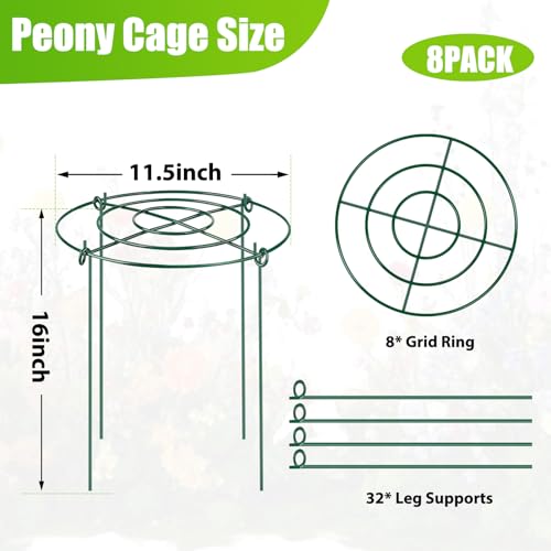 8 Pack Peony Cages and Supports, 11.5" Dx16 H Metal Plant Supports - size: 11.5" Wx16" H-8 Pack