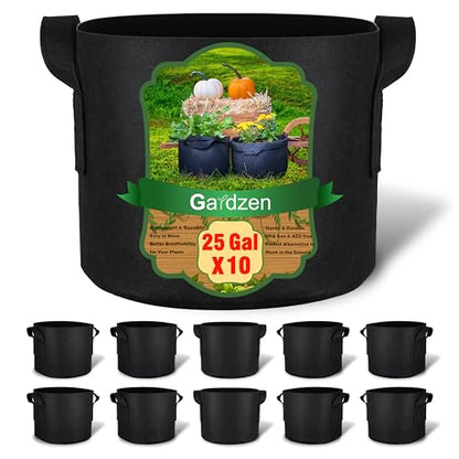 Gardzen 10-Pack 25 Gallon Grow Bags, 300G Thickened Aeration Fabric Pots with Handles, Heavy Duty Cloth Pots for Plants - size: 25 Gallons