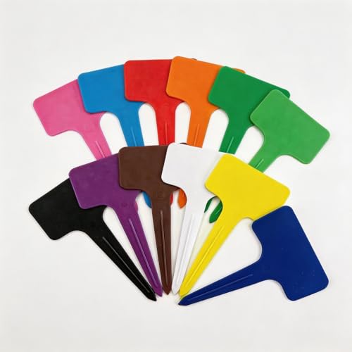 Plant Tags，Plant Labels,12Pcs Multicolor Waterproof Plastic Plant Tags T-Type Nursery Garden Labels 3.9 x2.4 in,6 Colors
