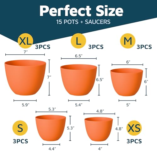 Yellow Plant Pots with Drainage Holes & Saucers 15 Pack, Indoor & Outdoor Stackable Space-Saving Planters for Houseplants & Flowers, (7", 6.7", 6", 5.3", and 4.8" Inches), Durable & Weatherproof