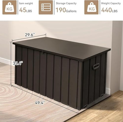 190 Gallon Outdoor Storage Shed, Lockable Metal Deck Box with Rolling - color: Dark Brown-A