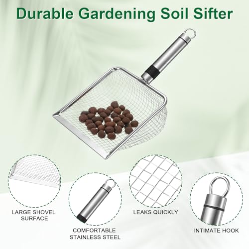 M METERXITY 1-Pack Gardening Soil Sifter, 5 mm Mesh Stainless Steel Sand Soil Compost Sieve with Stainless Steel Handle for Sand/Dirt/Rock Compost, Screen Potting Scoop [Silver Tone] - size: 5 mm