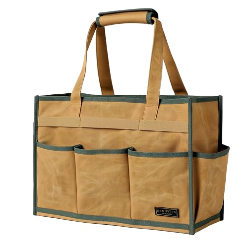 Heavy-Duty Waxed Canvas Tool Tote Bag – Large Capacity Tool Organizer with 14 External Pockets & Padded Handle | Durable Storage Tote for Contractors, Electricians & DIY (16.5" x 7" x 12", Khaki) - color: Khaki