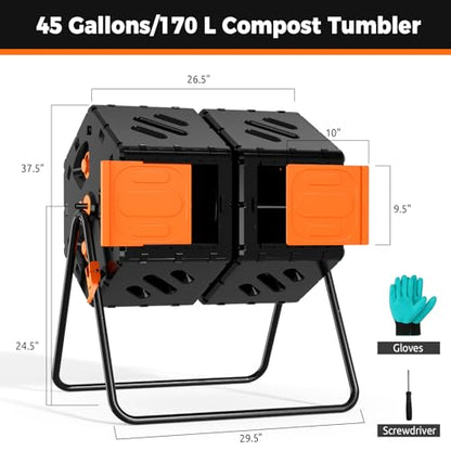45 Gallon Large Compost Tumbler Outdoor, Dual Chamber Compost Bin