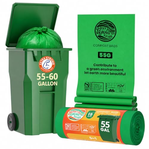 55-60 Gallon Compostable Trash Bags Liners, Heavy Duty Extra Thick 1.57 Mil, 208.2 Liter, 15 Bags, Lawn, Yard, and Restaurant Use, ASTM D6400, US BPI, OK Compost Home Certified - color: 55G-15count
