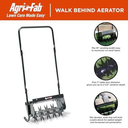 Agri-Fab 45-0365 Push Spike Aerator, 16 Inch Walk Behind Lawn Aerator with 5 Aerating Spikes and 7-Inch Spikes, Steel Weight Tray, 2-1/2 Inches Aeration Depth, for Lawn Care Maintenance