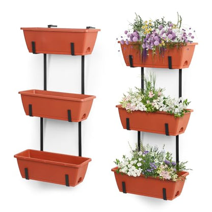 OYEAL Hanging Flower Pots for Railing Fence Outdoor Window Boxes Planter with Adjustable Hooks, Set of 2 Deck Rail Planters with 6 Detachable Plastic Planter Boxes, Drainage Holes, Brick Red - color: Brick Red