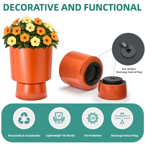 16.8" Planters for Outdoor Plants, Large Urn Flower pots S/2 - color: 16.8"-orange Linear Texture
