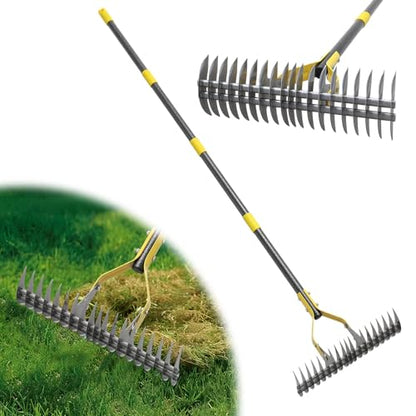 Thatch Rake,69 Inch Garden Thatching Rake for Grass Removal, 15 Inch Wide Heavy Duty 19 Teeth Steel Metal Garden Leaf Rakes,Landscaping Raking Garden Tools for Lawn Care Loosening Leveling Soil Mulch - style: Black-69"