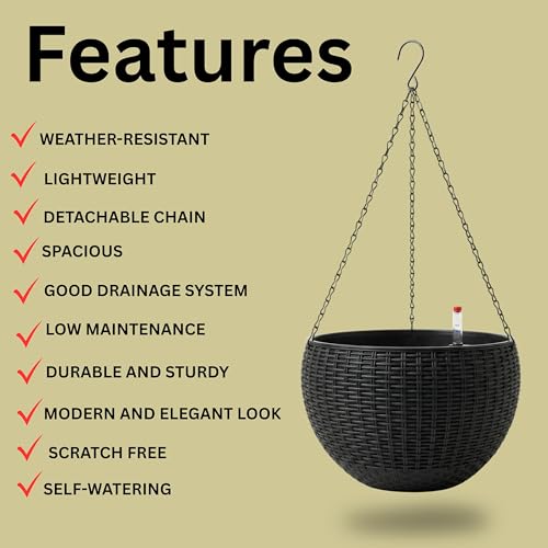 LaLaGreen Indoor Hanging Planters (11in, 3 Pack) Self-Watering Flower Pots - color: Black X 3