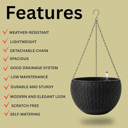 LaLaGreen Indoor Hanging Planters (11in, 3 Pack) Self-Watering Flower Pots - color: Black X 3