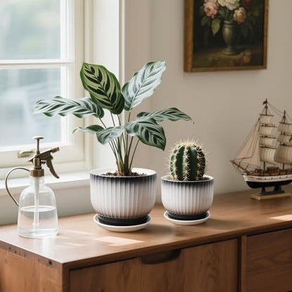 6.7 + 5.5 Inch Ceramic Plant Pots, Set of 2, Black + White - color: Black + White