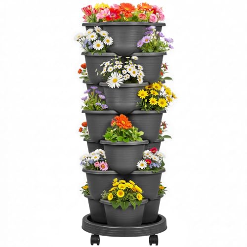 VECELO 7 Tier Vertical Garden Planter, Self Watering Stackable Planters with Wheels for Strawberries, Herbs, Flowers, Vegetables, Dark Gray - color: Dark Gray, size: 7 Tier