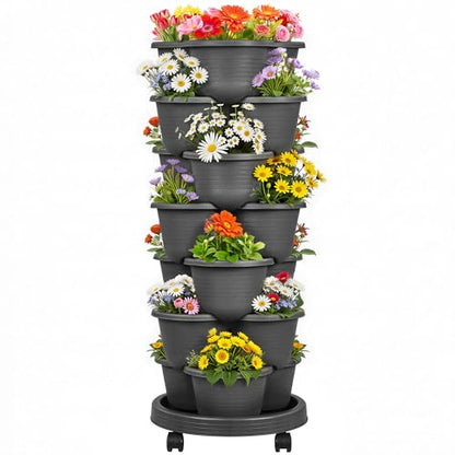 VECELO 7 Tier Vertical Garden Planter, Self Watering Stackable Planters with Wheels for Strawberries, Herbs, Flowers, Vegetables, Dark Gray - color: Dark Gray, size: 7 Tier