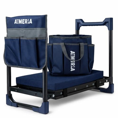 Aimerla K7 Foldable Garden Kneeler Seat, Upgraded Anti-Slip Base, 350LBS Capacity, 10.2" Wide EVA Pad & Detachable Cloud Cushion, 2-in-1 Kneeler Bench for Seniors, Gardening Gifts for Parents - color: Navy Blue