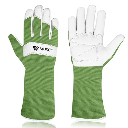 WFX Long Gardening Gloves Leather Ladies Men Women Durable Goatskin Garden Gloves Forearm Thorn Proof Work - color: Green, size: Small