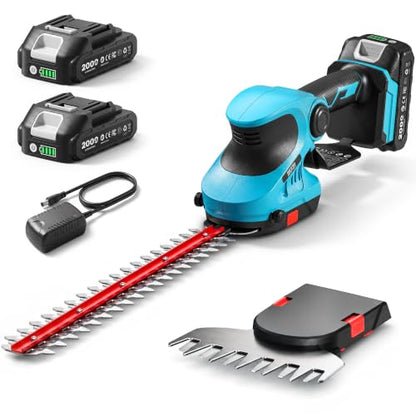 Seesii 2-in-1 20V Cordless Hedge Trimmer 12" & Grass Shear, 2 Batteries - color: Blue
