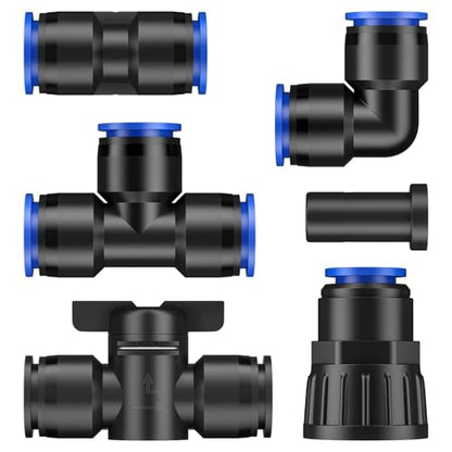 Pawfly 20 Pcs Quick Connect Drip Irrigation Fittings Kit for 1/2" Tubing (0.62-0.63" OD), Drip Line Connectors Set with 4 Tees 4 Couplings 4 Elbows 4 End Plugs 2 Shut Off Valves & 2 Faucet Adapters - size: 20 Pcs Quick Connect Fittings Kit