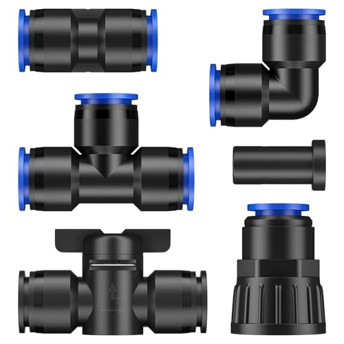 Pawfly 20 Pcs Quick Connect Drip Irrigation Fittings Kit for 1/2" Tubing (0.62-0.63" OD), Drip Line Connectors Set with 4 Tees 4 Couplings 4 Elbows 4 End Plugs 2 Shut Off Valves & 2 Faucet Adapters - size: 20 Pcs Quick Connect Fittings Kit