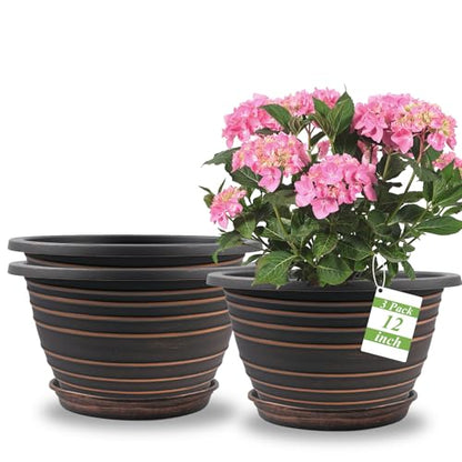 KPUVX 12 Inch Plastic Flower Pot, 3 Pack - color: Red Brown