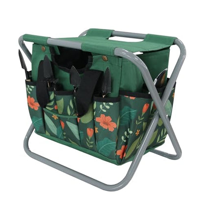 Folding Gardening Stool with Detachable Storage Tote Bag, Multifunctional Gardening Tools Set Organizer for Fishing and Camping,Portable Garden Chair Seat for Adults (Green Flower)