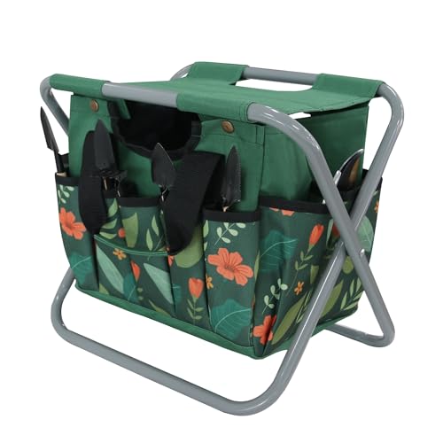 Folding Gardening Stool with Detachable Storage Tote Bag, Multifunctional Gardening Tools Set Organizer for Fishing and Camping,Portable Garden Chair Seat for Adults (Green Flower)