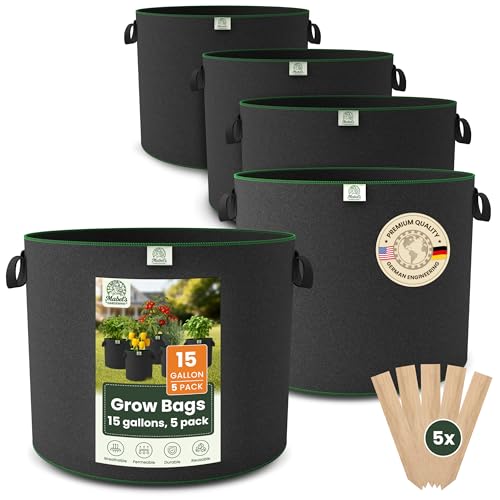 Mabel's Gardening 5-Pack 15 Gallon Grow Bags - Garden Planting Bags 17.7 x 14.2 INCH Made of 8.85 oz/yd² (300g/m²) Felt & Fleece Fabric Plant Pot, Plant Bag, Grow Bag for Pumpkin Potato Tomato - color: 5-pack, size: 15 Gallon