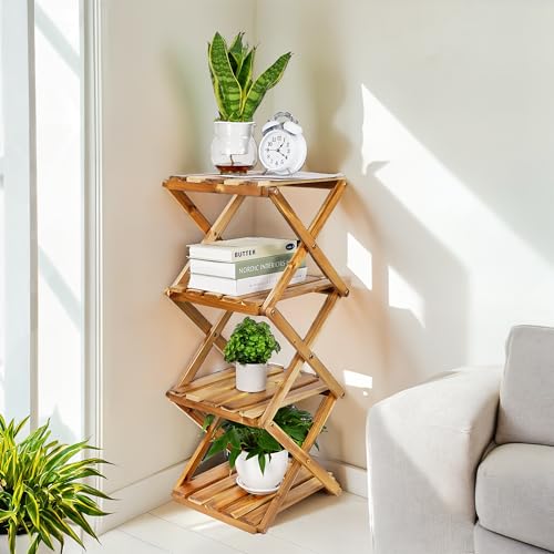 BEEFURNI 4-Tier Foldable Acacia Wood Ladder Plant Stand & Corner Rack