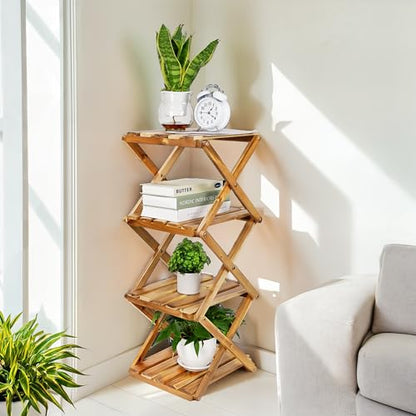 BEEFURNI 4-Tier Foldable Acacia Wood Ladder Plant Stand & Corner Rack