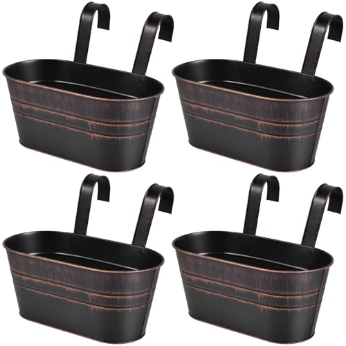 OBTANIM 4 Pack Metal Hanging Flower Pots Iron Railing Planter Outdoor Fence Hanging Pots Bucket Plant Holder with Detachable Hooks Drain Holes for Home Garden Yard Decor (Black) - color: Black