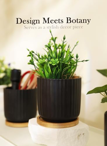 4 Inch Ceramic Plant Pots, Small Succulent Pot with Drainage Hole & Saucer - color: Stripe Pure Black