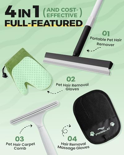 Carpet Rake for Pet Hair Removal Tool - 4 in 1 Pet Hair Remover Kit for Dog Cat Fur Remover, Contain 60" Adjustable Rubber Broom, Glove, Magic Brush and Scraper for Furniture (Black) - color: Black