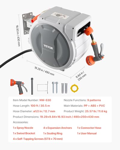 VEVOR Retractable Garden Hose Reel, 1/2 in x 100 ft, Wall Mounted Hose Reel with 9-Function Sprayer Nozzle and 180° Swivel Bracket, Any Length Lock, Automatic Slow Rewind System, for Garden Watering - size: 1/2 in x 100 ft