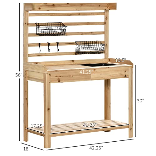 Potting Bench Table, Garden Work Bench, Workstation with Metal Sieve Screen, Removable Sink, Additional Hooks and Baskets for Patio, Courtyards, Balcony, Natural