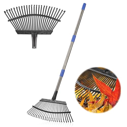 Garden Leaf Rake, 18 in Wide Head, 25 Steel Tines, Adjustable to 74 in - color: silver, size: 25tine