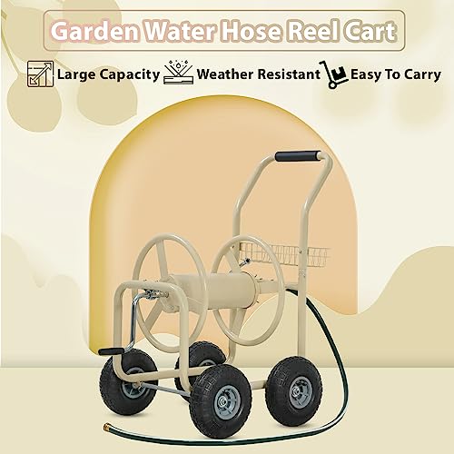 FDW Garden Hose Reel Cart, Water Hose Cart with 4 Wheels, Hold Up to 300 ft of 5/8’’ Hose，Heavy Duty Powder-Coated Steel Planting with Storage Basket, for Garden, Yard and Lawn - color: Tan