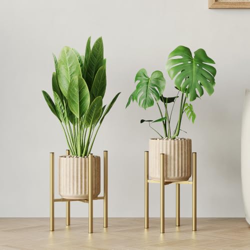 Adjustable Metal Plant Stand Indoor, Fits 8-14 Inch Pots, Mid Century Modern Gold Planter Holder,2 Heights, Heavy Duty 160 lb, Indoor Outdoor Corner Floor Pot Stand, Golden with Round Plate 2 Pack - color: golden-b 2 Pack
