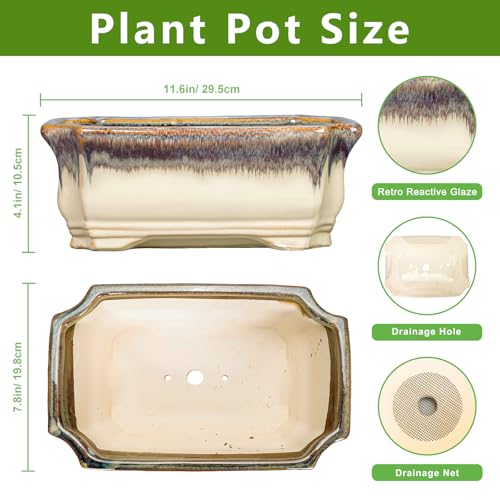 11.6 Inch Succulent Pots - Ceramic Bonsai Tree Pots with Drainage Hole, Succulent Planters for Indoor Plants Outdoor, Bonsai Planter, Garden Decor, House Warming Gifts, Rectangular Beige-Brown - color: Rectangular Beige-brown, size: 11 Inch