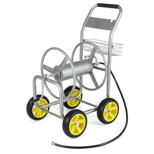 Goplus Garden Hose Reel Cart, 300 ft 5/8" or 400 ft 1/2", Heavy-Duty Metal Hose Cart w/ 4 Wheels, Storage Basket, Portable Water Hose Organizer for Yard Planting Lawn - color: Silver, size: 300 FT 5/8" Hose