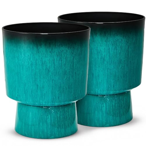 Autodaya 16.8" Faux Ceramic Planters for Outdoor Indoor Plants, Flower pots - color: 16.8"-teal Glazed & Black Rim