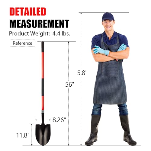 VNIMTI Heavy Duty Gardening Shovel, 56 Inch Round Blade with Fiberglass Handle (Red) - color: Red