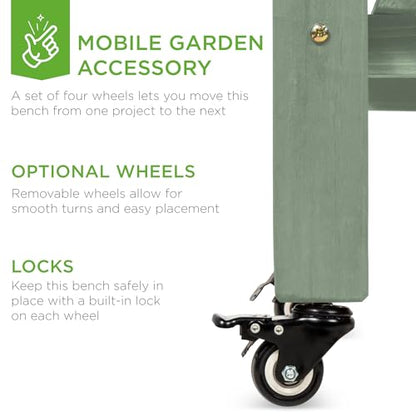 Best Choice Products Mobile Garden Potting Bench, Outdoor Wood Workstation Table w/Sliding Tabletop, 4 Locking Wheels, Food Grade Dry Sink, Storage Shelves - Sage Green - color: Sage Green