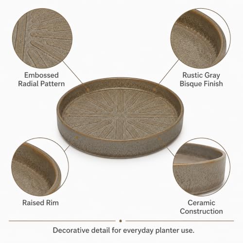 10 Inch Ceramic Plant Saucer with Embossed Radial Pattern, Rustic Gray