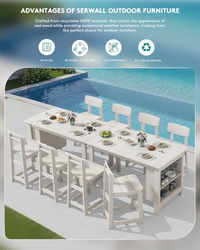 SERWALL 10-Piece Outdoor HDPE Counter-Height Bar Dining, White - color: White, size: 10 Piece Bar Set
