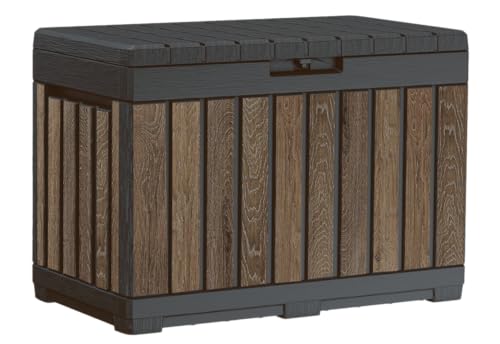 Keter Premium Everwood 50 Gal Outdoor Storage Box and Patio Side Table - color: Walnut, size: 50 Gallon