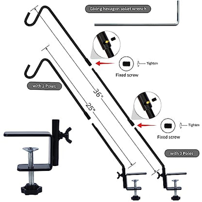 Juegoal 2 Pack Heavy Duty Deck Hook with 2 Inch Non Slip Clamp, 25 or 36 Inch Extended Reach Deck Hook, Adjustable Rail Pole Plant Bracket for Hanging Bird Feeder, Suet Baskets, Lanterns, Wind Chimes
