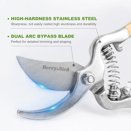 Berry&Bird 8'' Bypass Pruning Shears with Wooden Handle, Curved Blade Garden Hand Pruner, Stainless Steel Scissors Ultra Sharp Clippers for Gardening Trimming Cutting Bonsai Plant Flower & Picking - style: 8'' Curved Blade Scissors